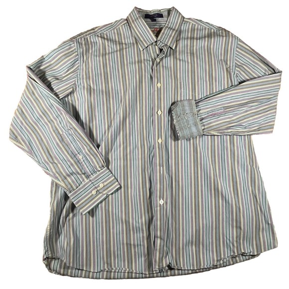 Alan Flusser Mens XL Shirt Striped with plaid Flip Cuff Button Up Long Sleeve - Picture 5 of 5